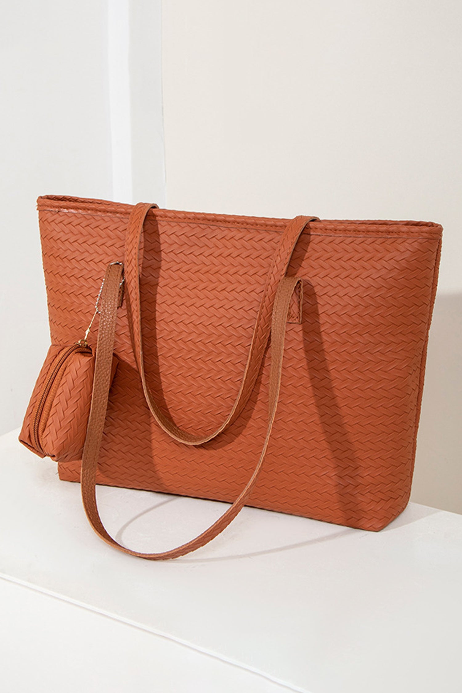Cinnamon Leatherette Woven Tote Bag with Detachable Pouch