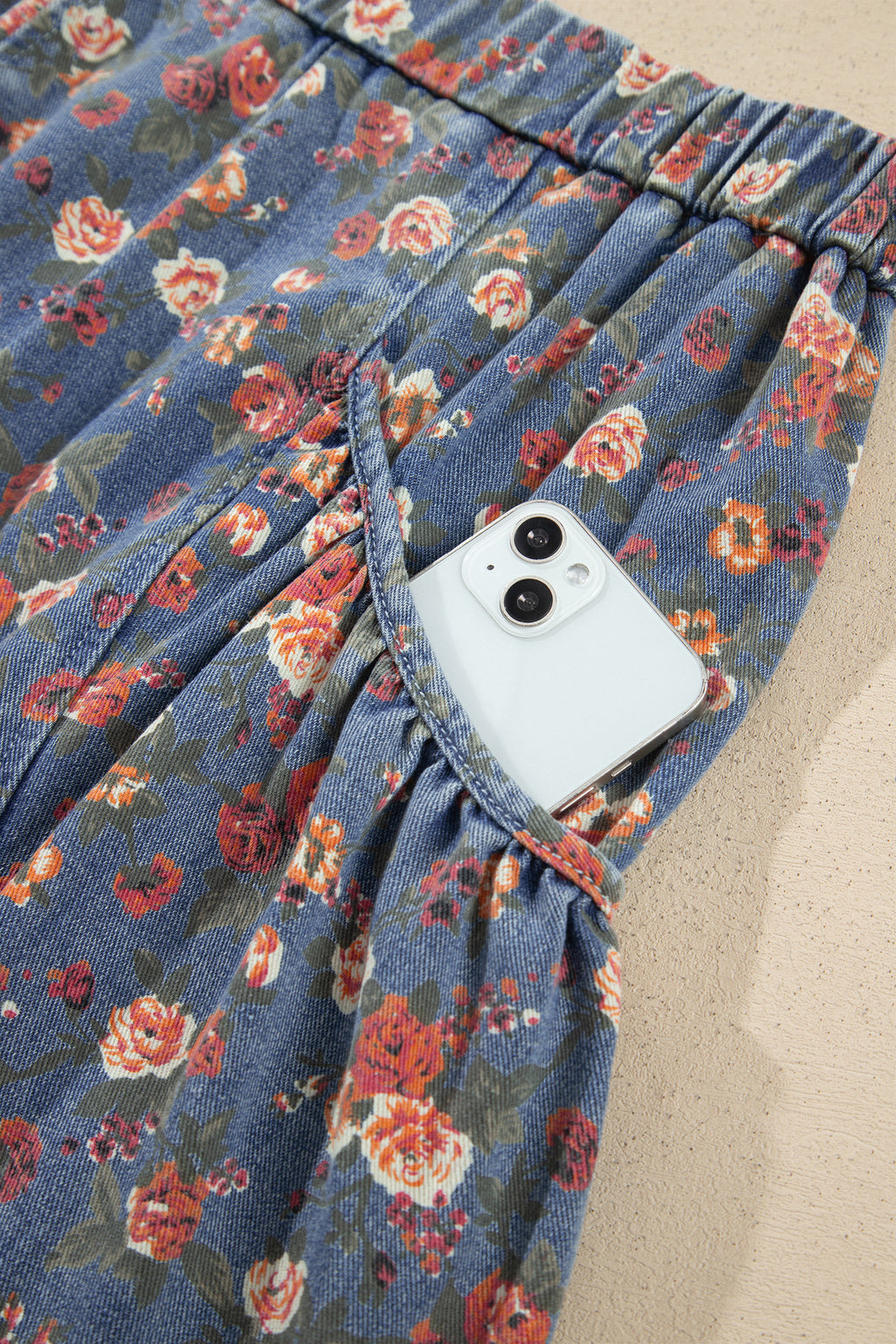 Beau Blue Retro Floral Print Elastic Waist Pocketed Barrel Jeans