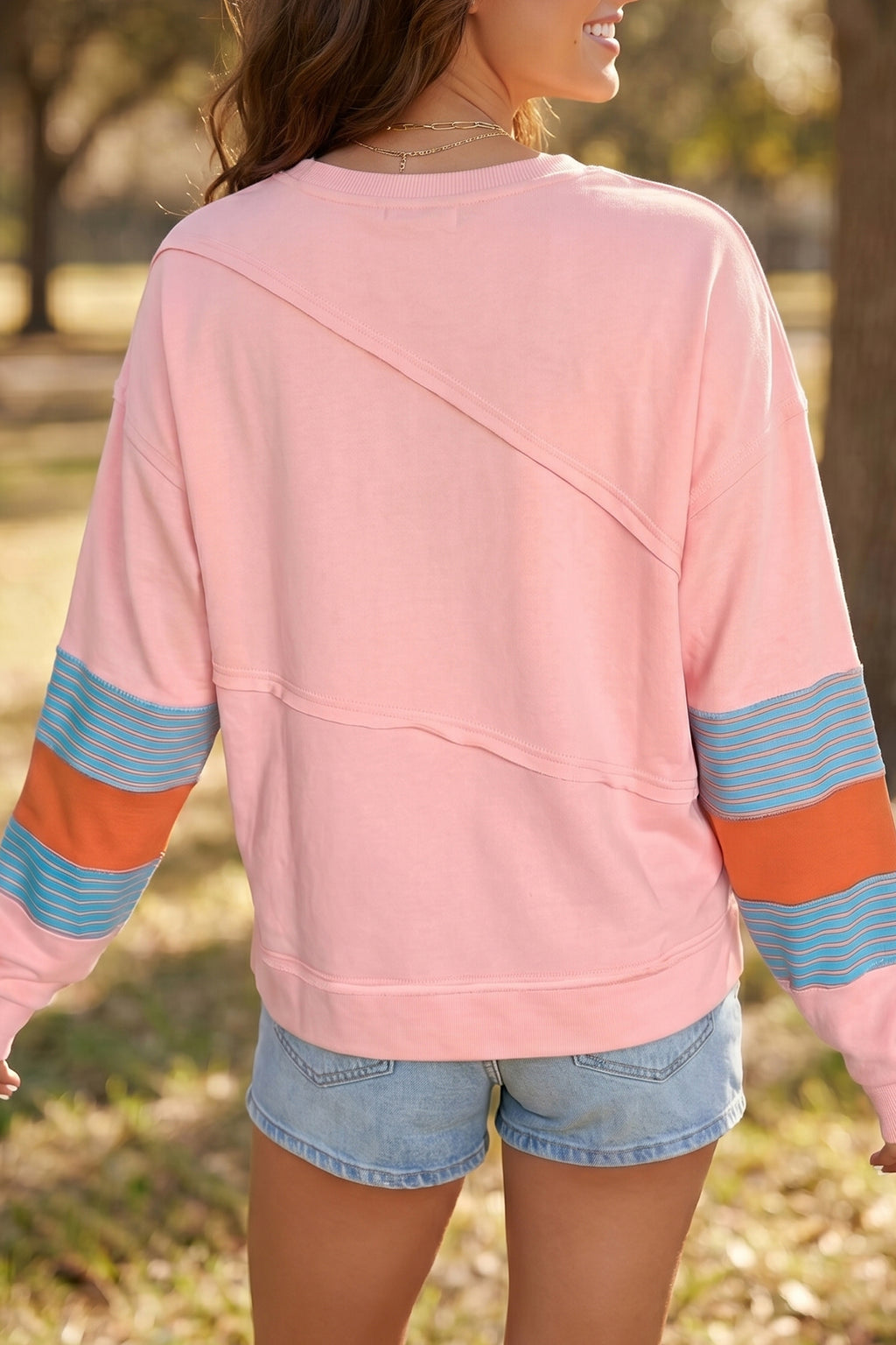 Pink Colorblock Striped Patchwork Long Sleeve Round Neck Blouse