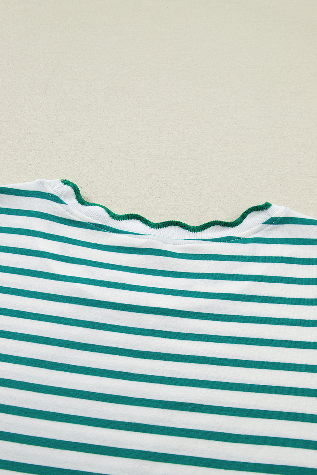 Green Stripe Scalloped Trim Round Neck T Shirt