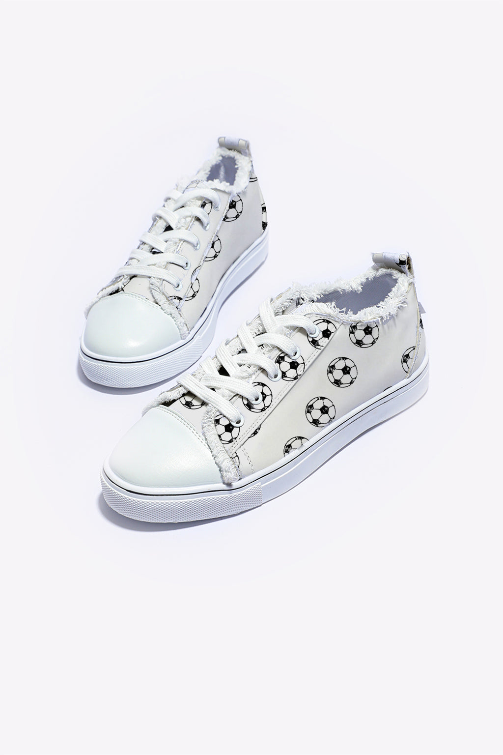 White Soccer Football Print Frayed Canvas Lace-up Shoes