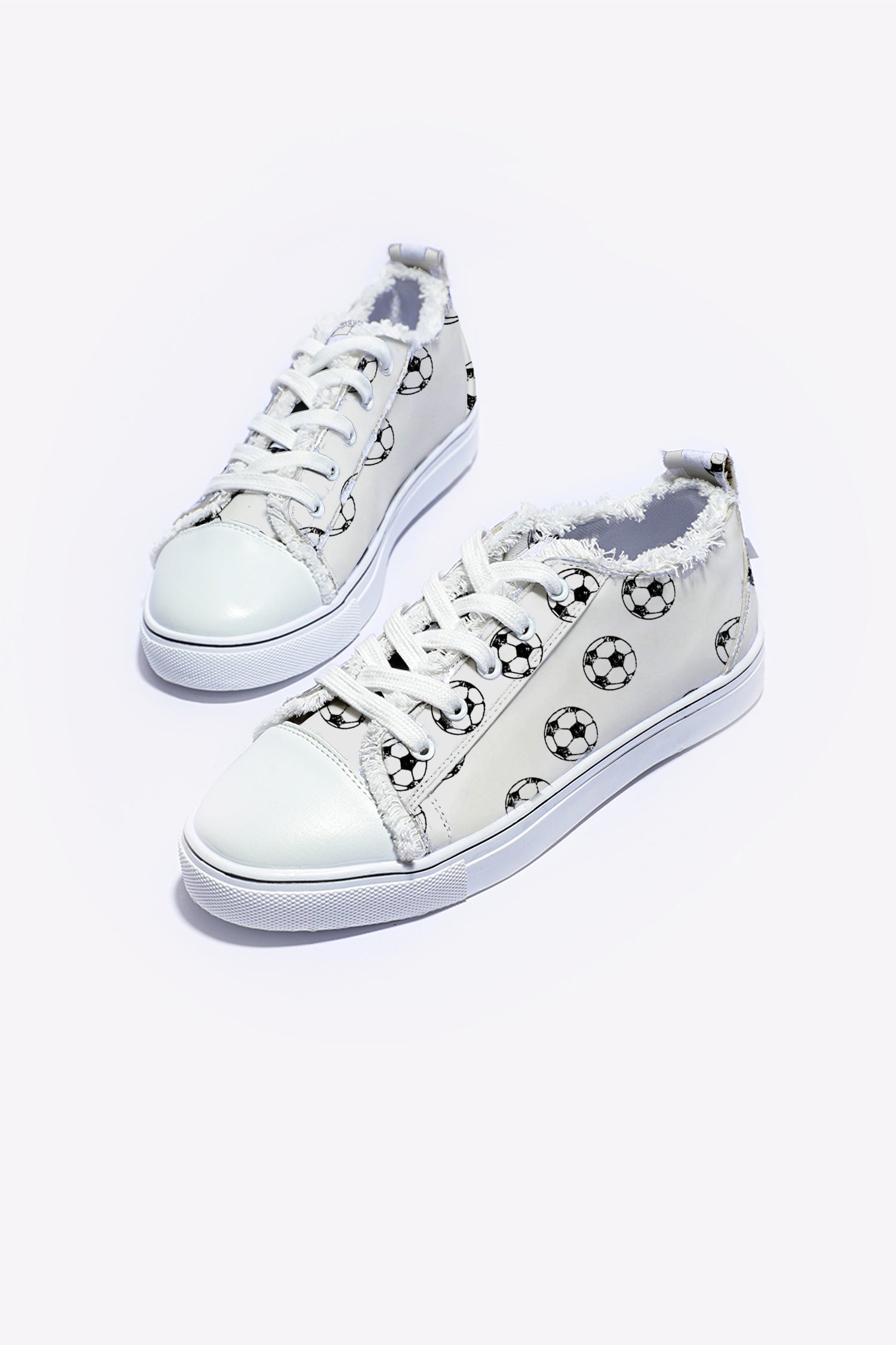White Soccer Football Print Frayed Canvas Lace-up Shoes
