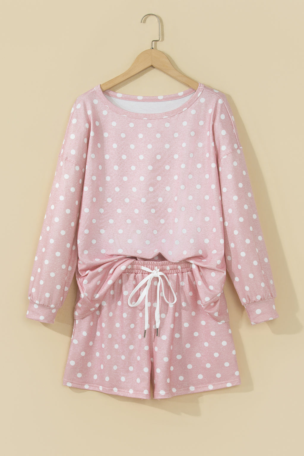 Pink Polka Dot Long Sleeve Top Drawstring Shorts Loose 2pcs Set