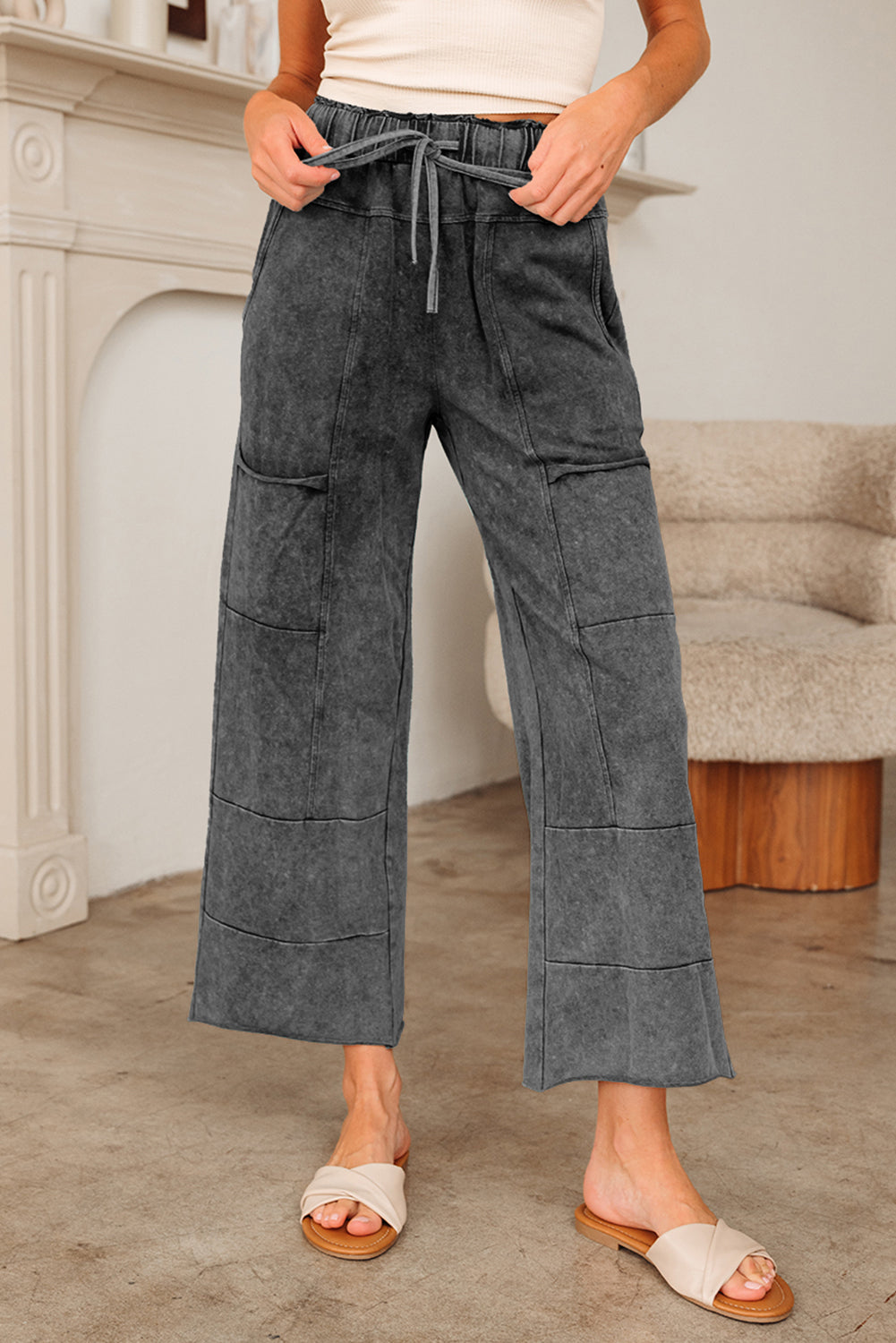 Medium Grey Mineral Wash Lace-up High Waist Raw Hem Patched Pocket Pants