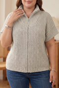 Jet Stream Plus Size Short Sleeve Ribbed Knit Zip Up Tunic Sweater