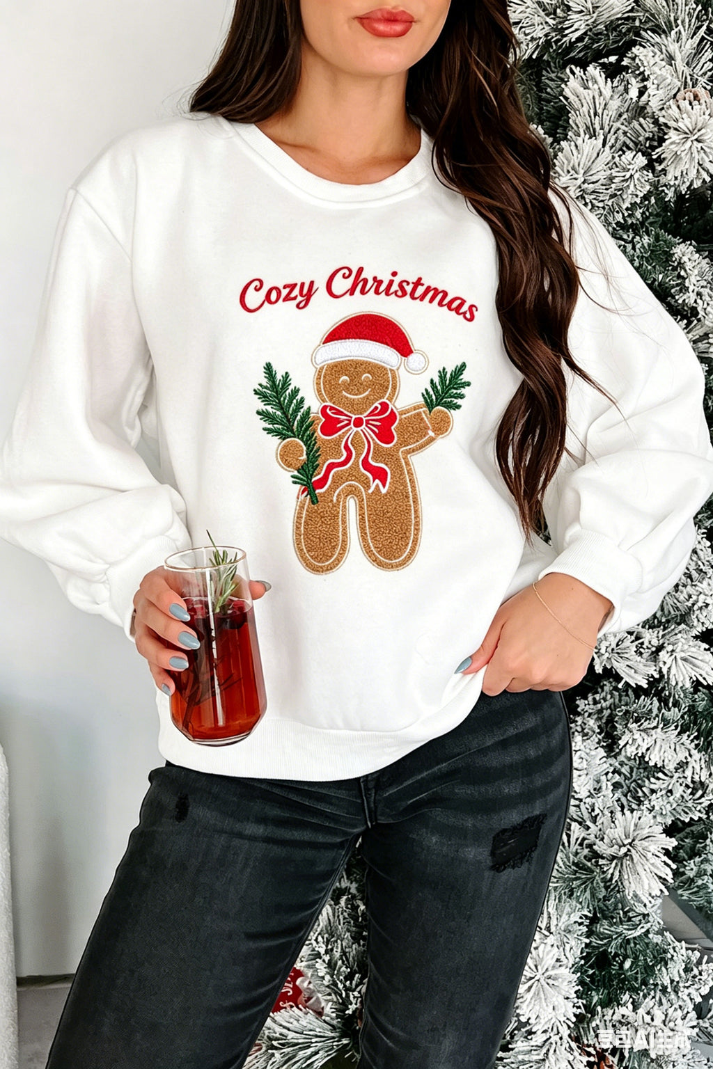 White Embroidered Gingerbread Cozy Christmas Long Sleeve Round Neck Pullover Sweatshirt