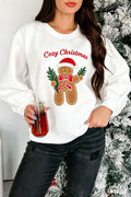 White Embroidered Gingerbread Cozy Christmas Long Sleeve Round Neck Pullover Sweatshirt