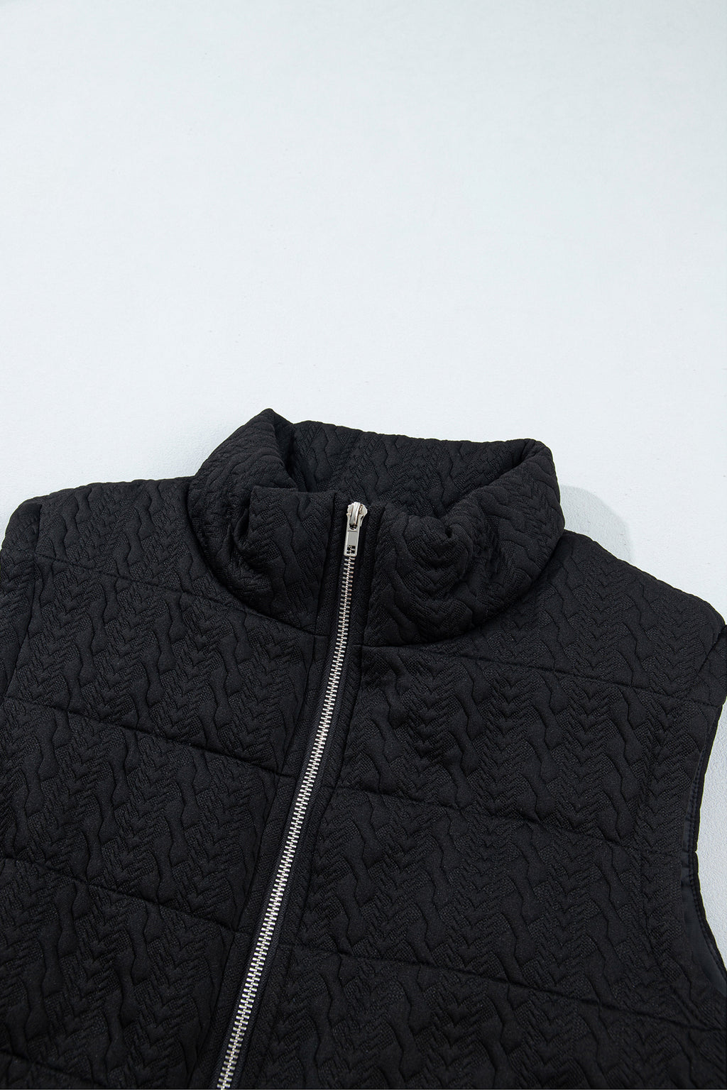 Black Textured Quilted Stand Neck Zipper Winter Vest