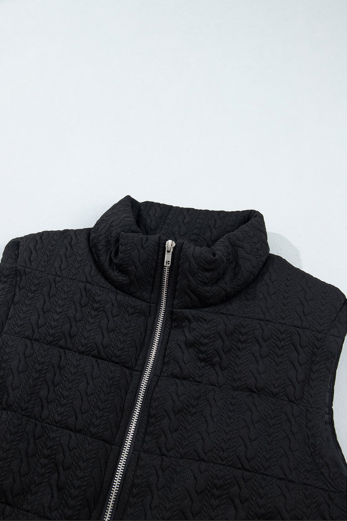 Black Textured Quilted Stand Neck Zipper Winter Vest
