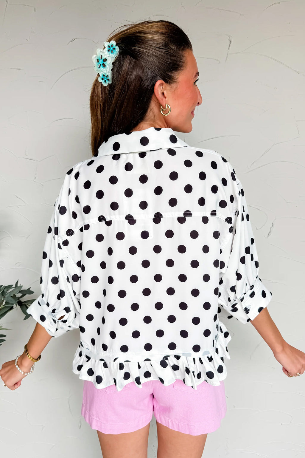 White Polka Dot Print Three Quarter Sleeve Ruffle Hem Casual Shirt