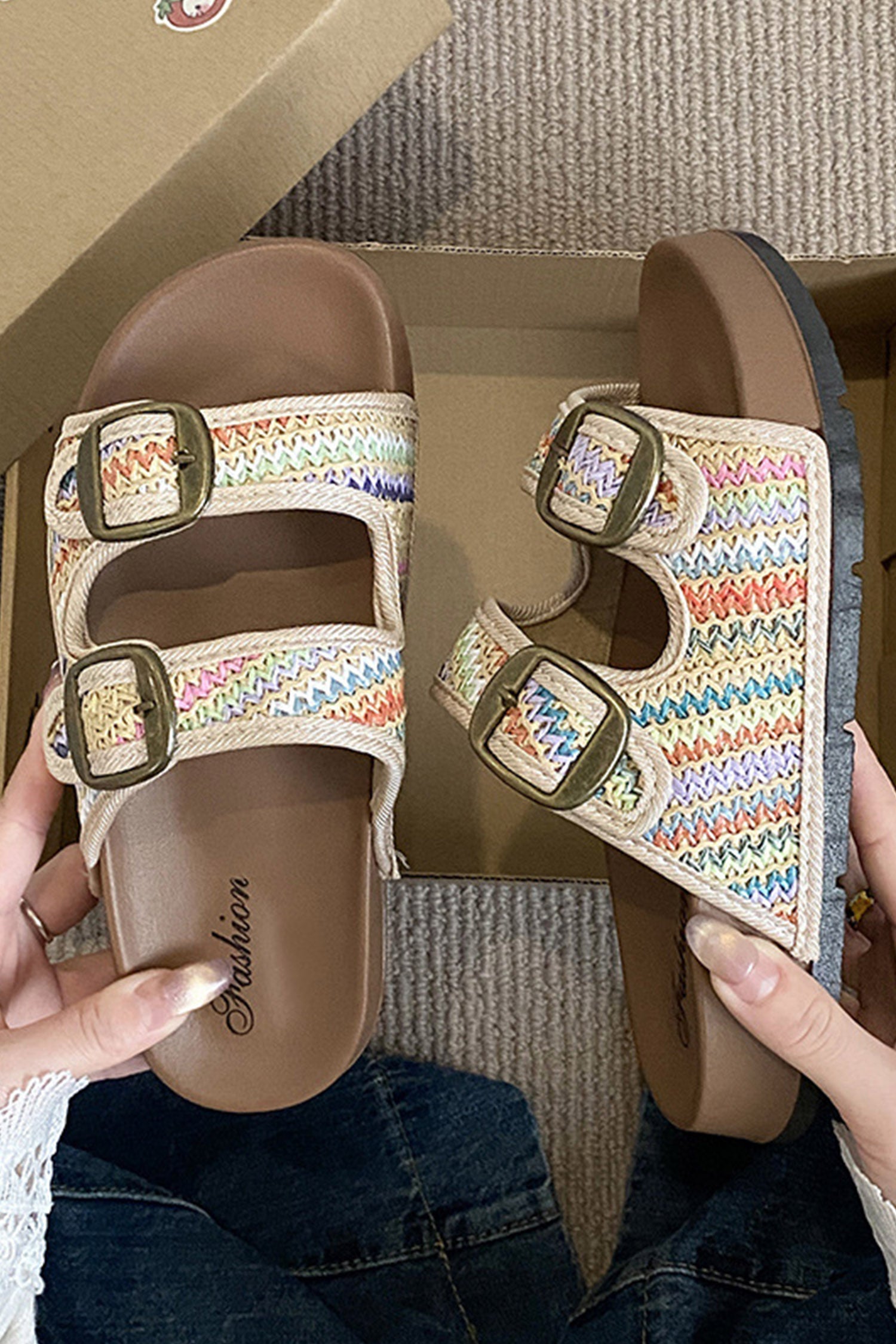 Khaki Boho Vacation Woven Buckle Cutout Low-Top Slippers