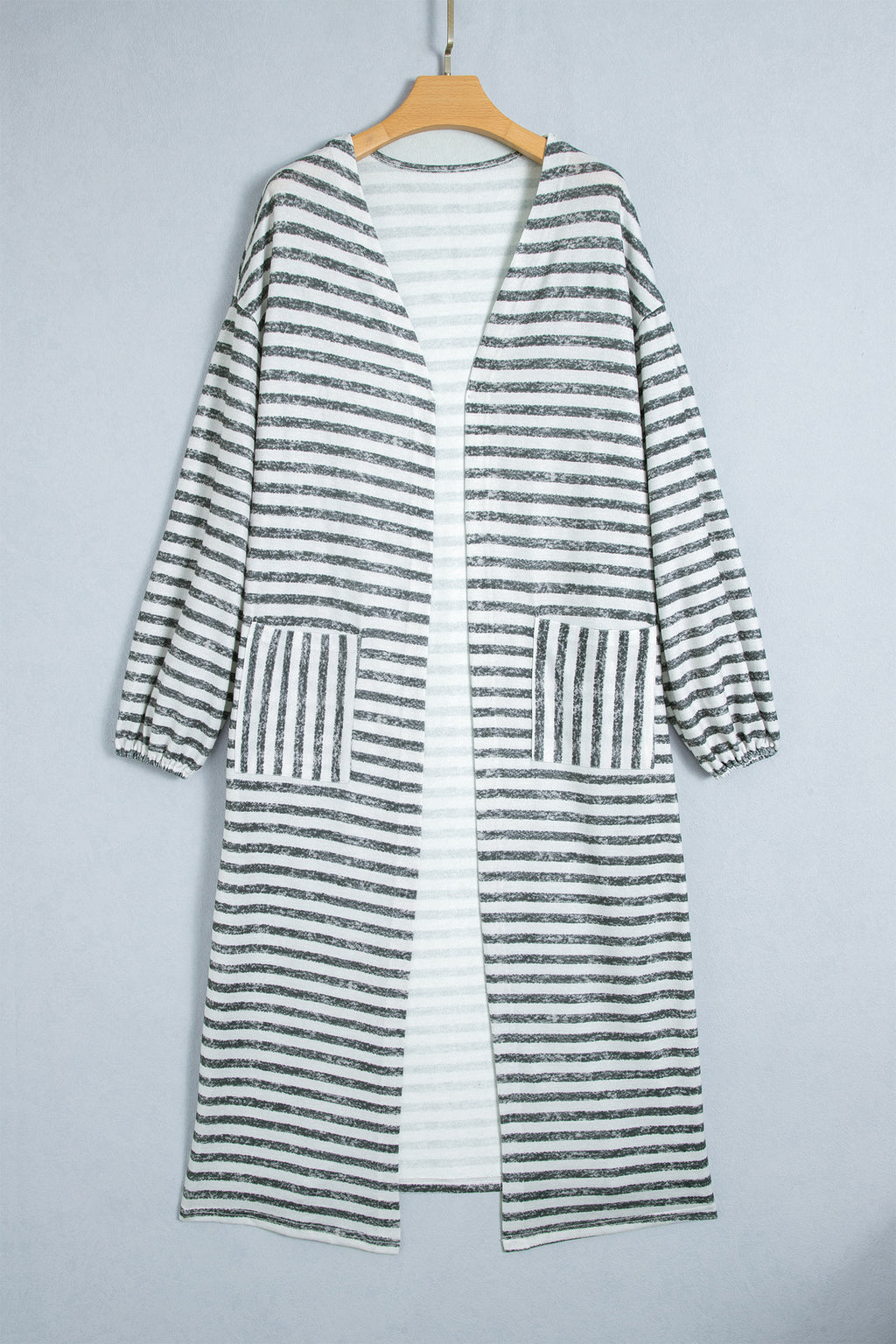 Khaki Stripe Long Puff Sleeve Open Front Oversized Long Cardigan
