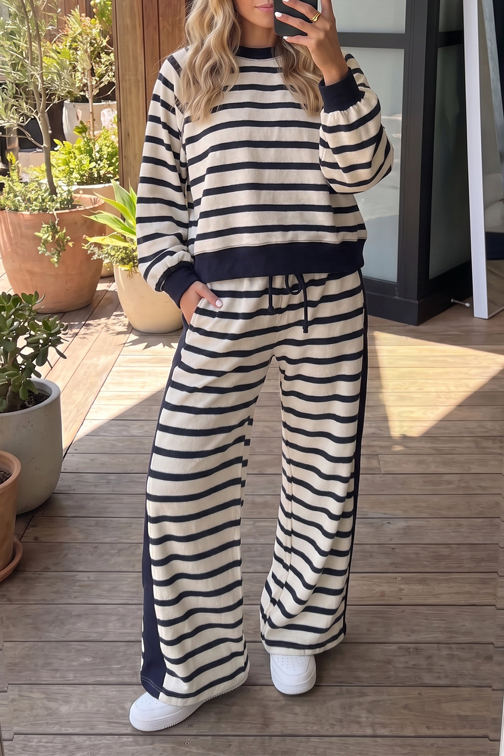 Beige Stripe Relaxed Long Sleeve Top Color Block Detail Drawstring Pant Set