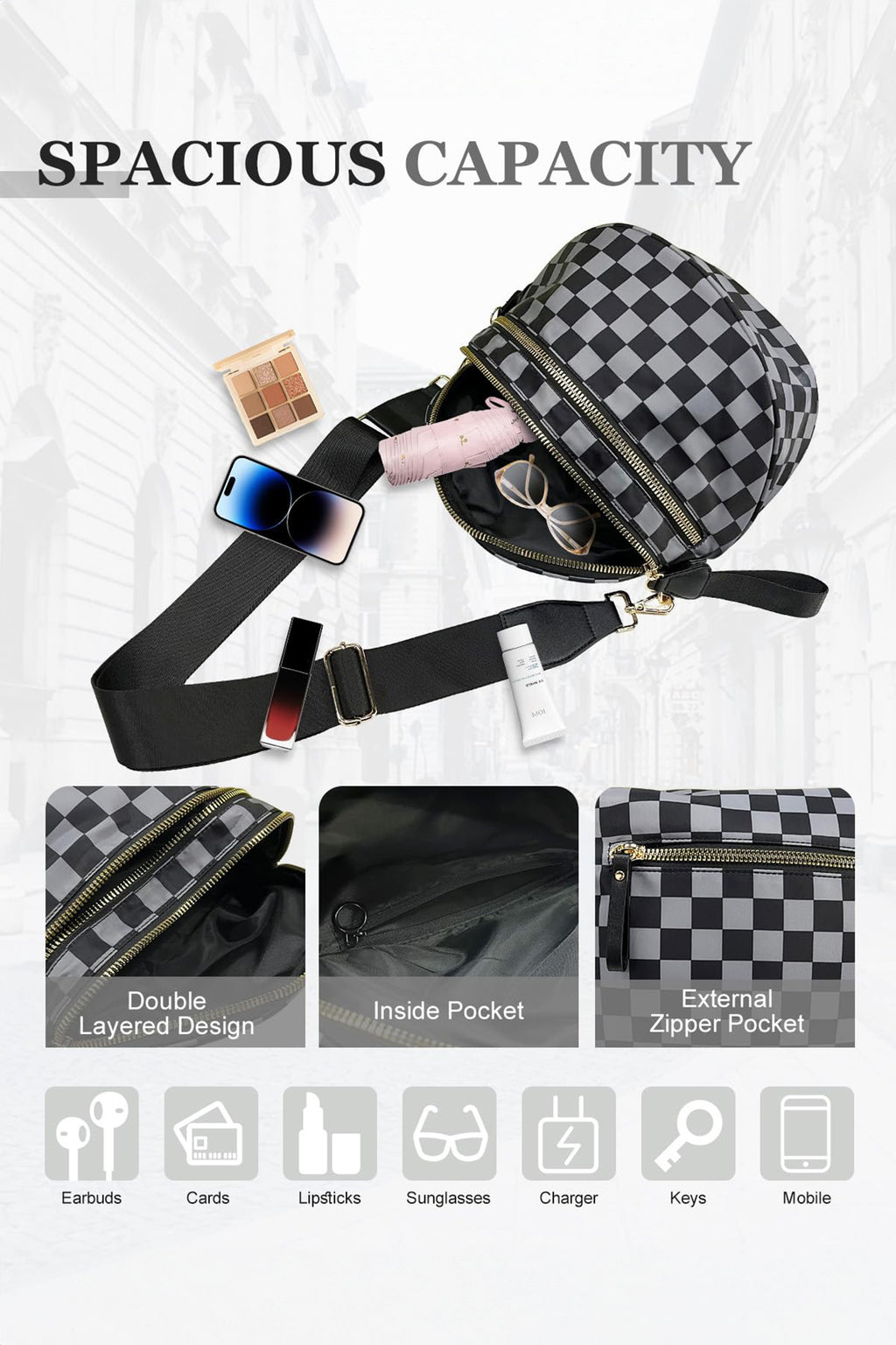 Dark Grey Checkered Print Wide Strap Large Crossbody Bag