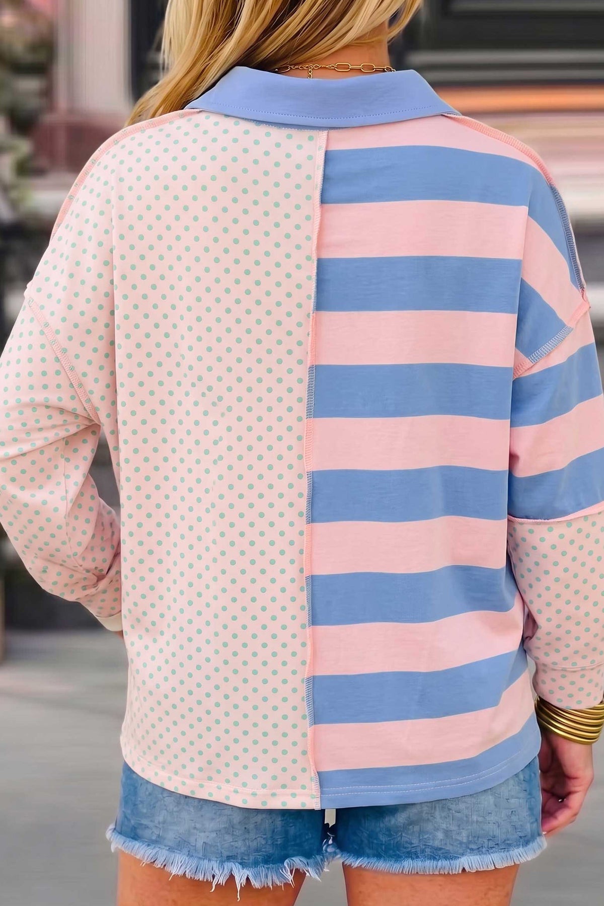 Pink Striped Polka Dot Patchwork Polo Collar Long Sleeve Top