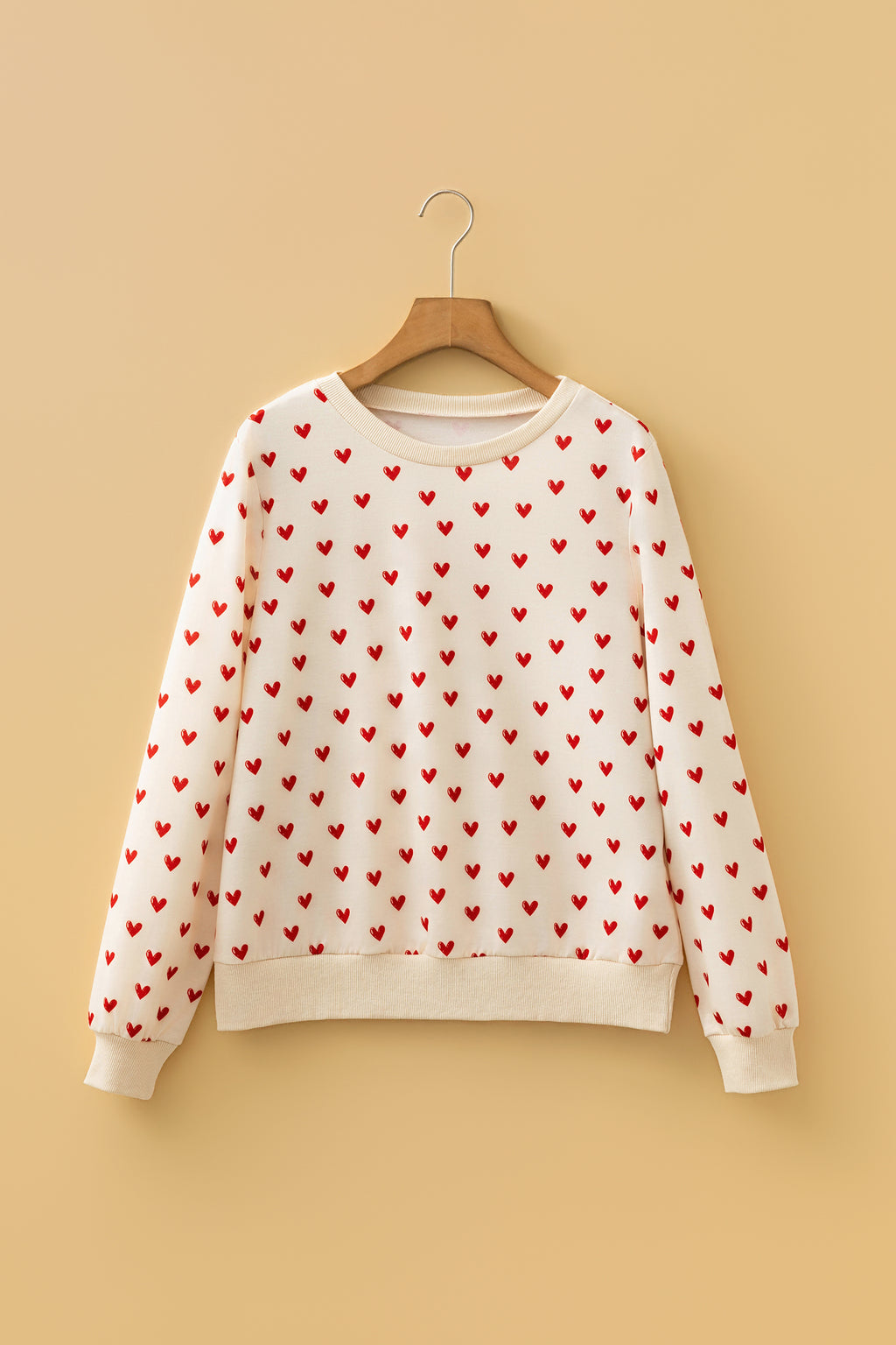 Beige Heart Print Round Neck Long Sleeve Regular Fit Sweatshirt