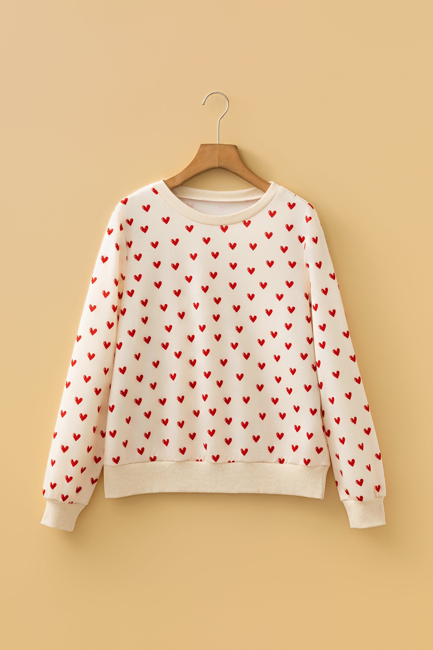 Beige Heart Print Round Neck Long Sleeve Regular Fit Sweatshirt