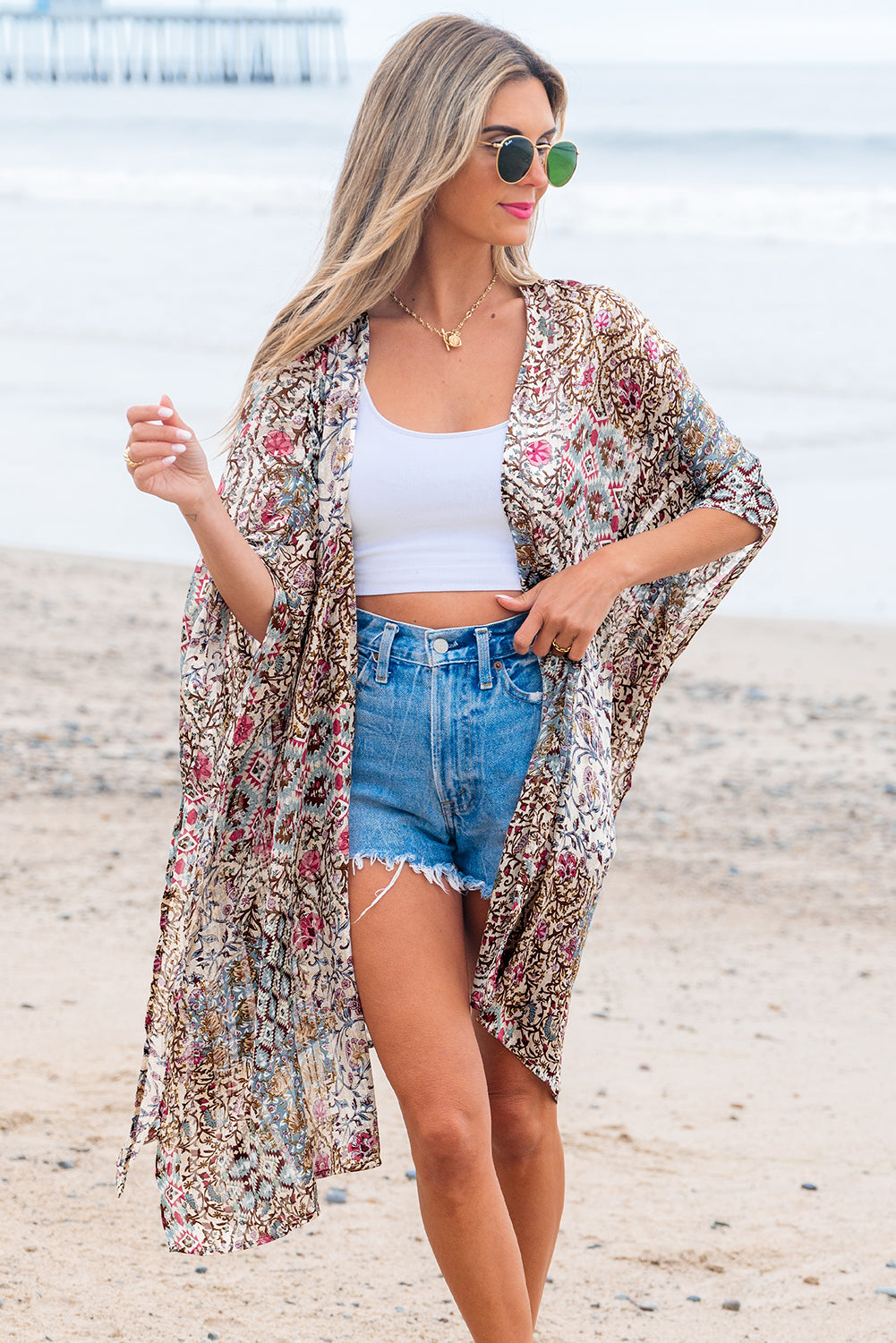 Apricot Floral Print Short Wide Sleeve Open Front Loose Kimono