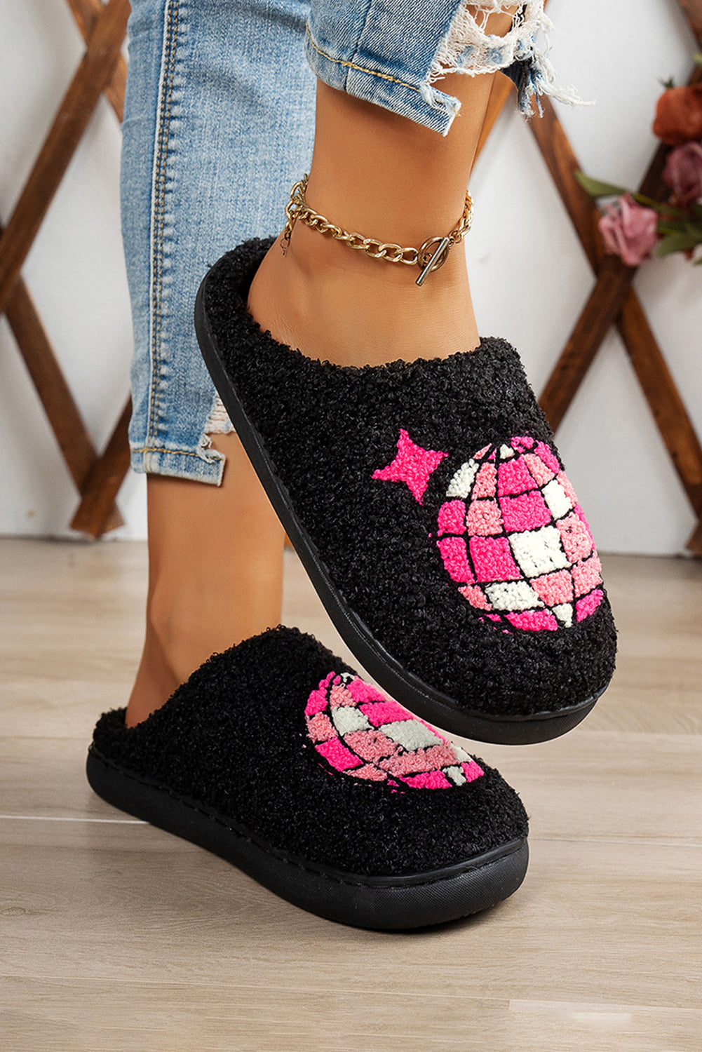 Black Disco Ball Print Fuzzy Winter House Slippers