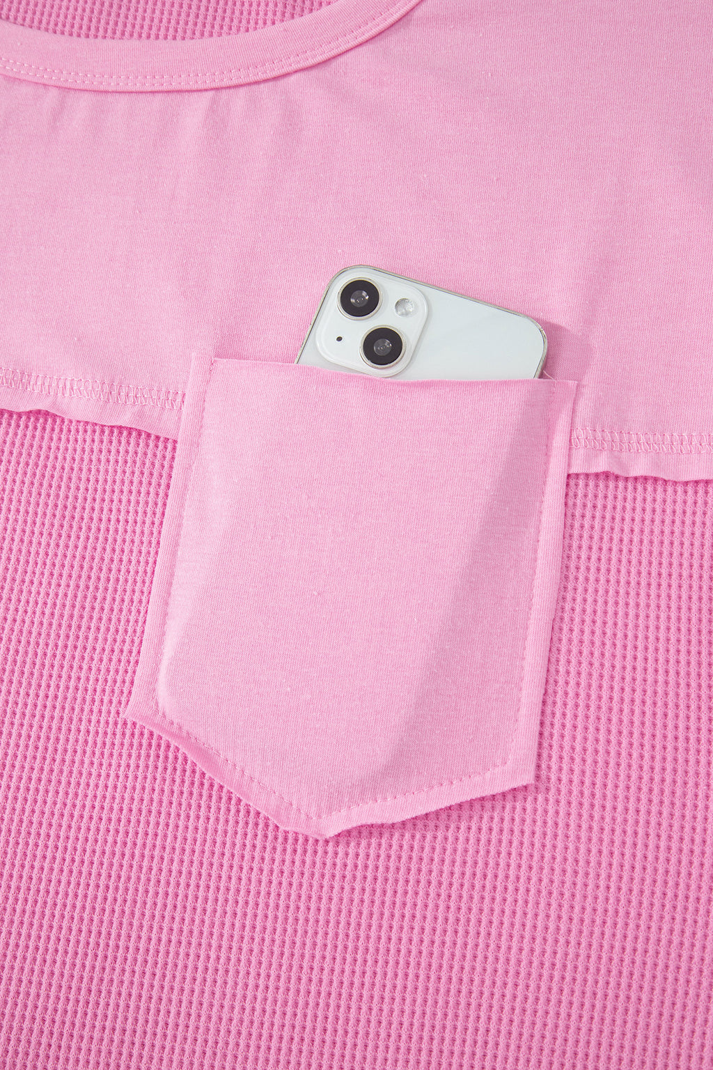 Pink Solid Color Raw Seam Waffled Patchwork Casual T Shirt