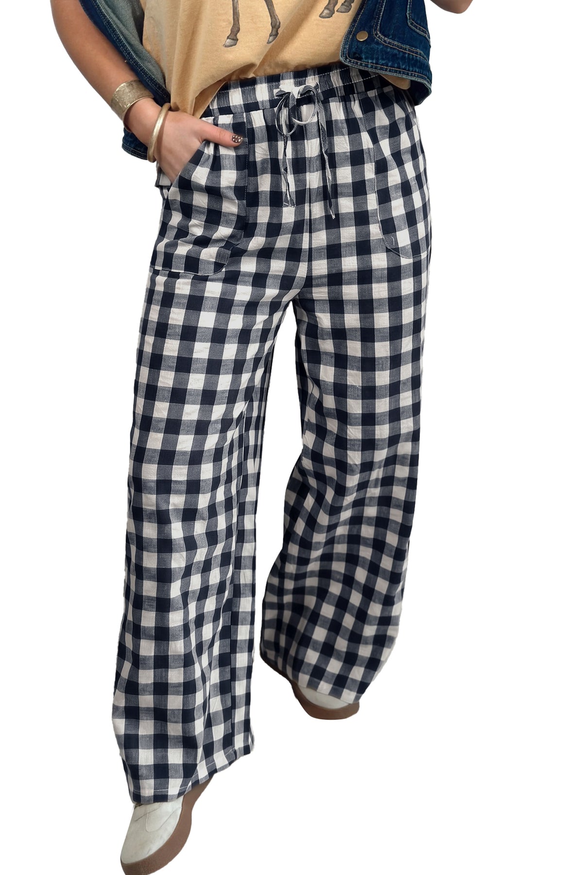 Blue Gingham Plaid Tie Elastic Waist Shift Pants