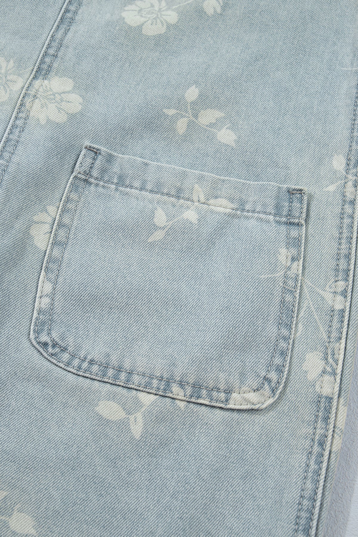 Sky Blue Retro Wash Denim Floral Print Overall Mini Dress