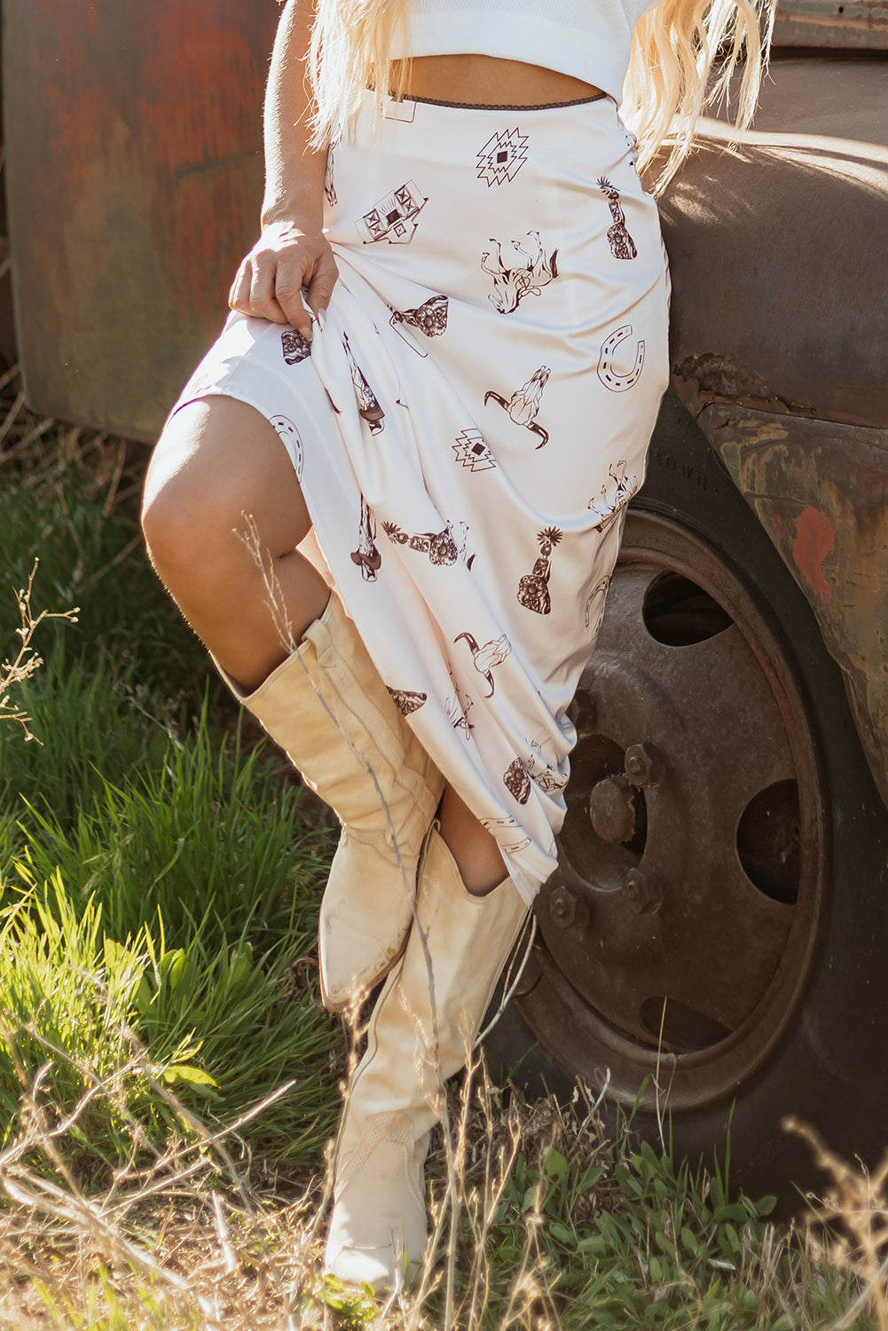 Beige Western Print Satin Long Skirt