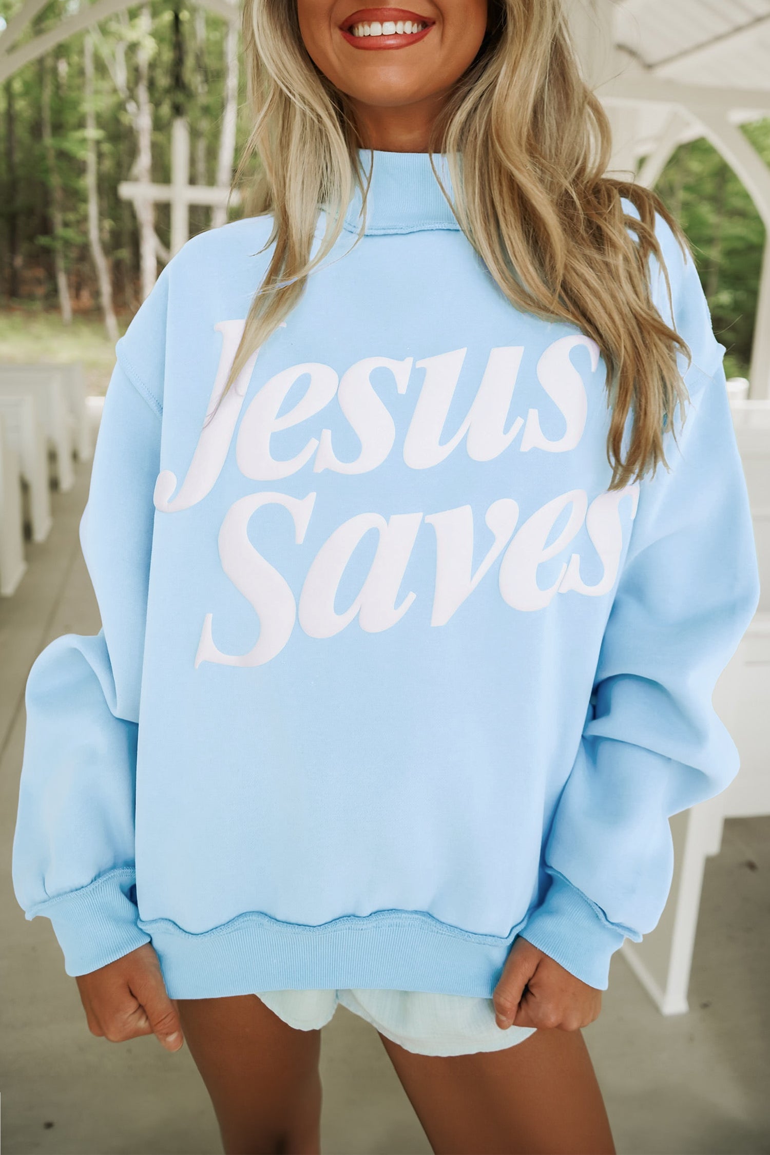 Mist Blue Jesus Saves Slogan Print Stand Neck Baggy Sweatshirt