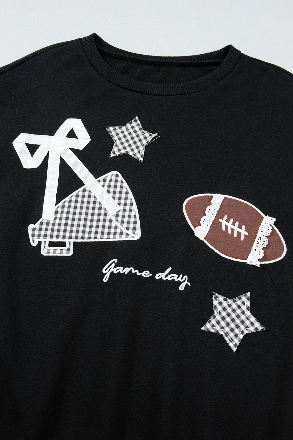 Black Gingham Patch Embroidered Rugby Game Day Stars Sweatshirt