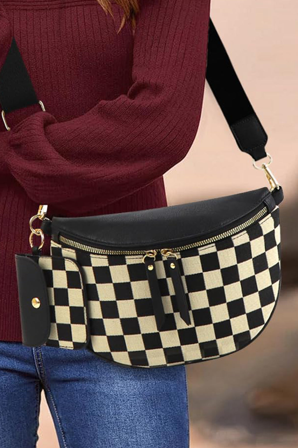 Coffee PU Leather Checkered Knit Patchwork Wallet Attached Shoulder Bag