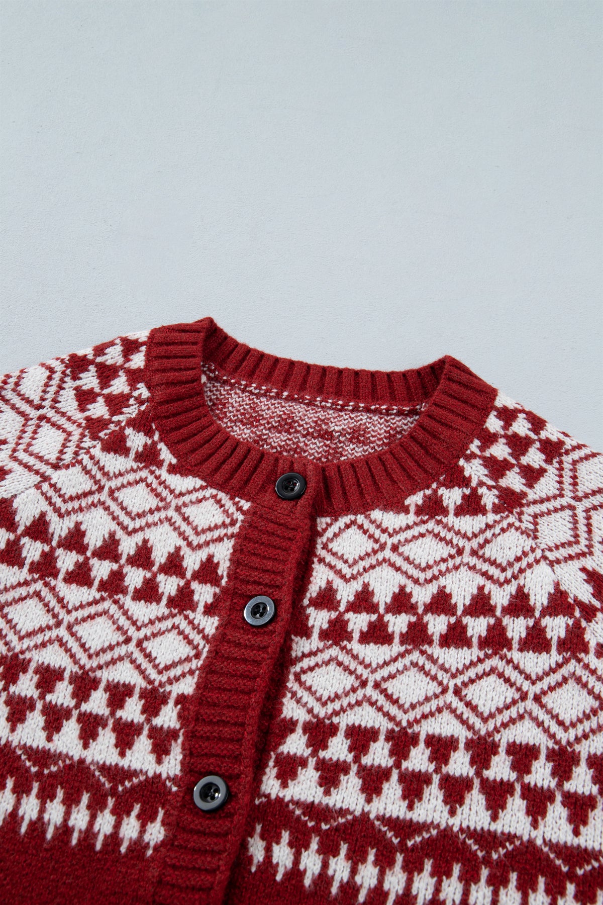 Red Geometric Print Button Front Long Sleeve Knitwear Cardigan