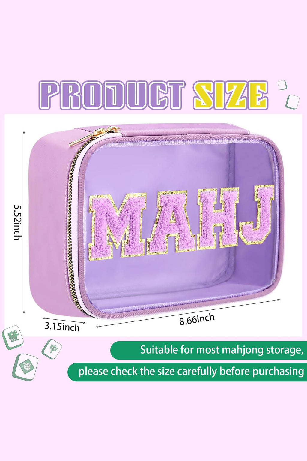 Wisteria MAHJ Chenille Patched PVC Clear Waterproof Zip Storage Bag