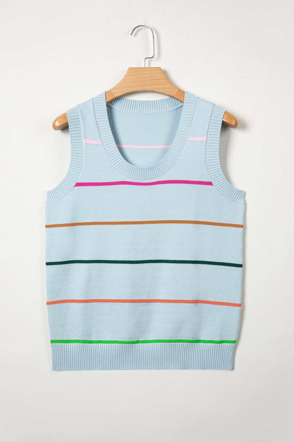 Sky Blue Stripe Round Neck Knitted Sweater Tank
