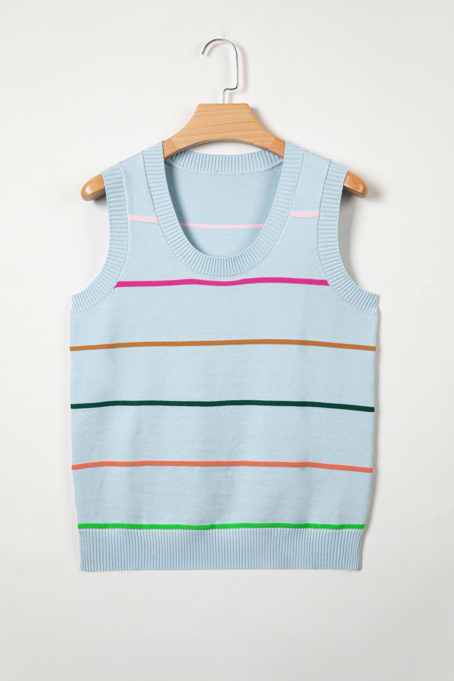 Sky Blue Stripe Round Neck Knitted Sweater Tank