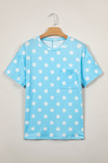 Sky Blue Polka Dot Round Neck Drop Shoulder Patch Pocket Jacquard Texture Top