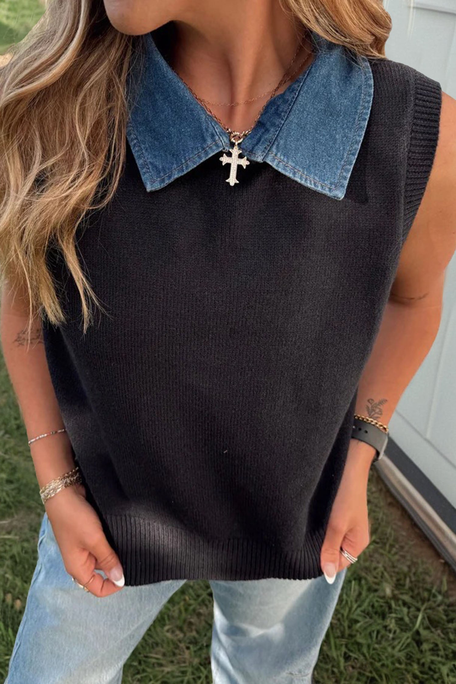 Black Solid Color Knit Contrast Denim Patchwork Collar Sweater Vest