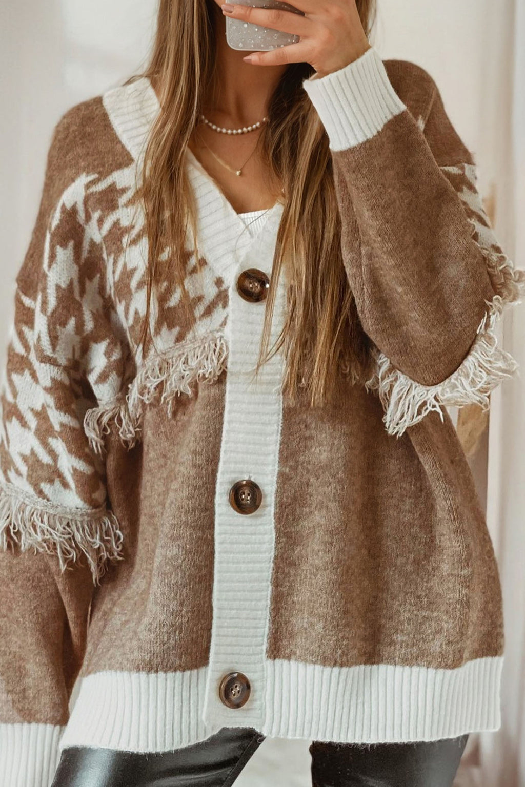 Khaki Houndstooth Color Block V Neck Raw Edge Button Front Cardigan