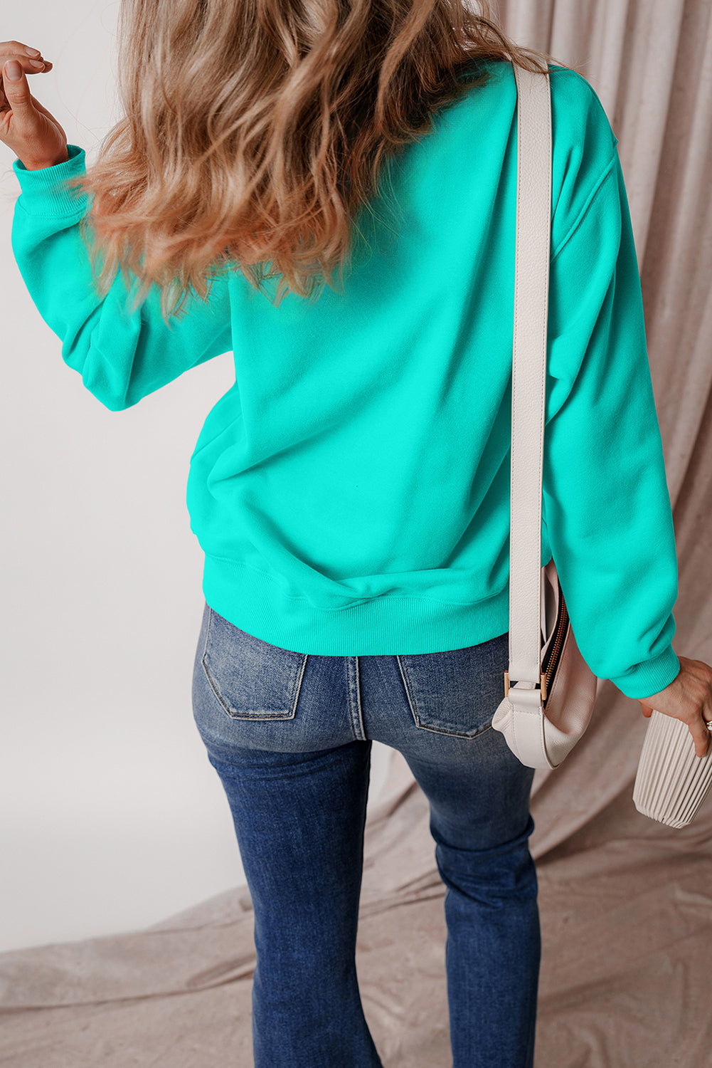 Black Solid Fleece Lined Drop Shoulder Terry Sweatshirt