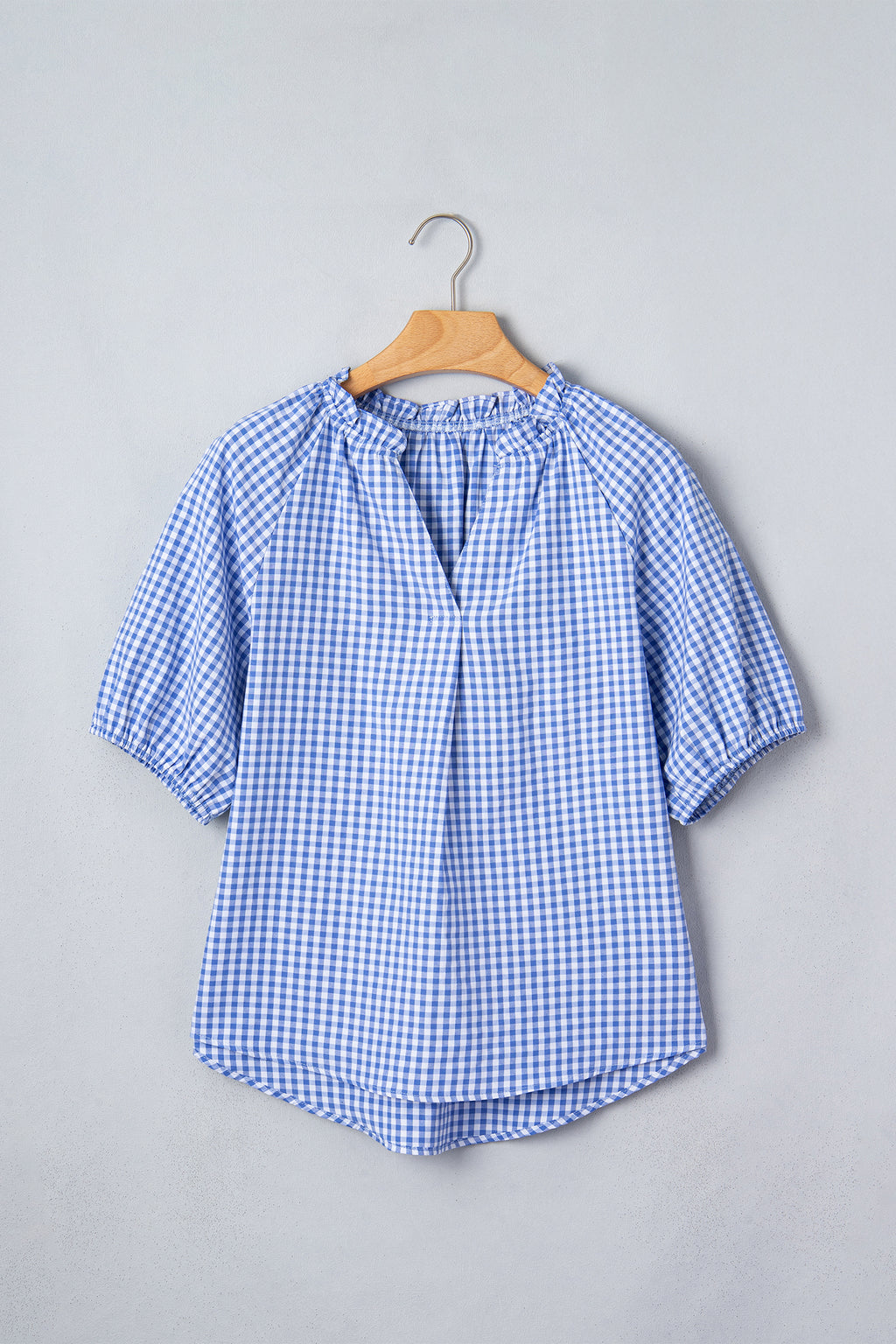 Sky Blue Summer Plaid V Neck Puff Sleeve Blouse