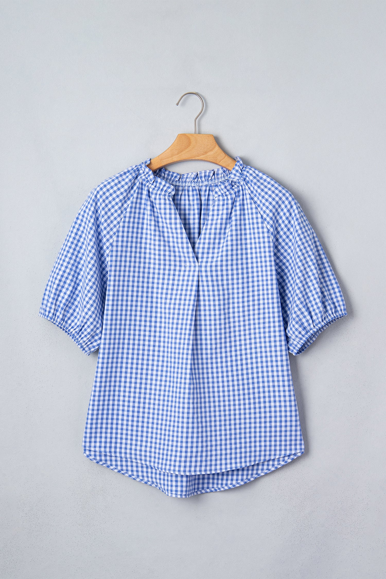 Sky Blue Summer Plaid V Neck Puff Sleeve Blouse