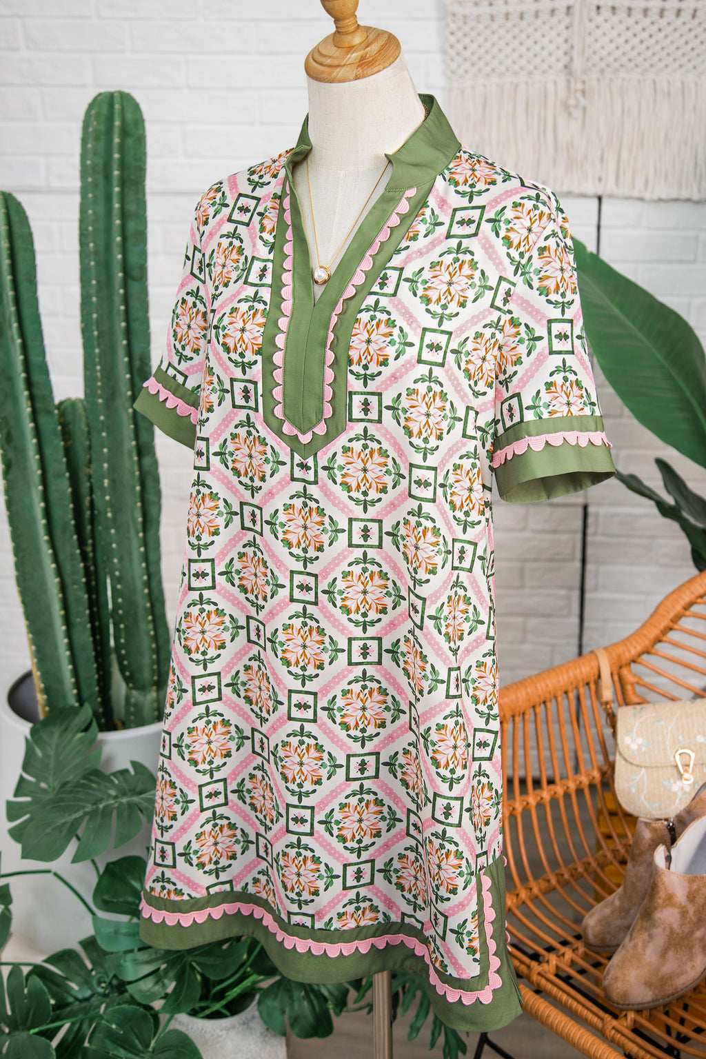 Multicolour Boho Geometric Flower Print Short Sleeve Loose Mini Dress