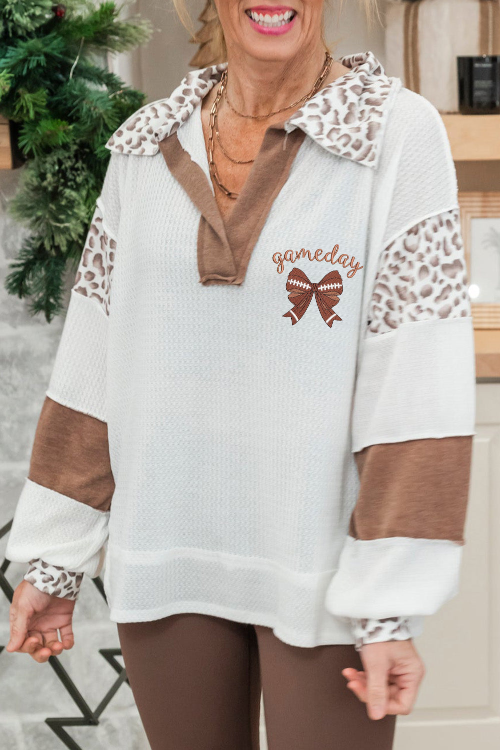 White game day Rugby Bow Embroidered Graphic Leopard Collar Color Block Patchwork Top