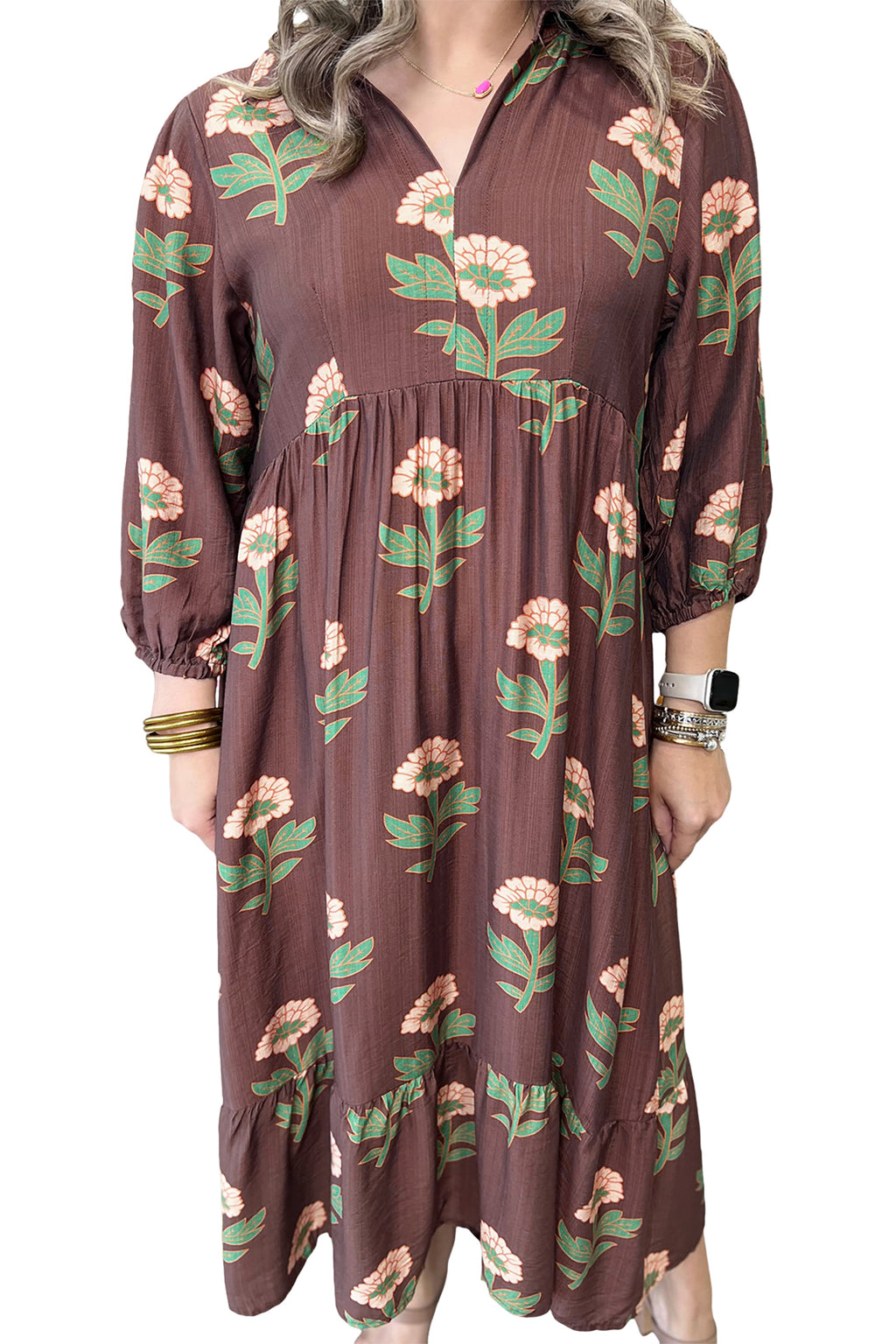 Brown Floral Print V-Neck Long Sleeve Loose Shift Plus Size Dress