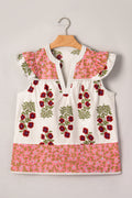 White Floral Print Contrast Striped Trim Flutter Cotton Blouse