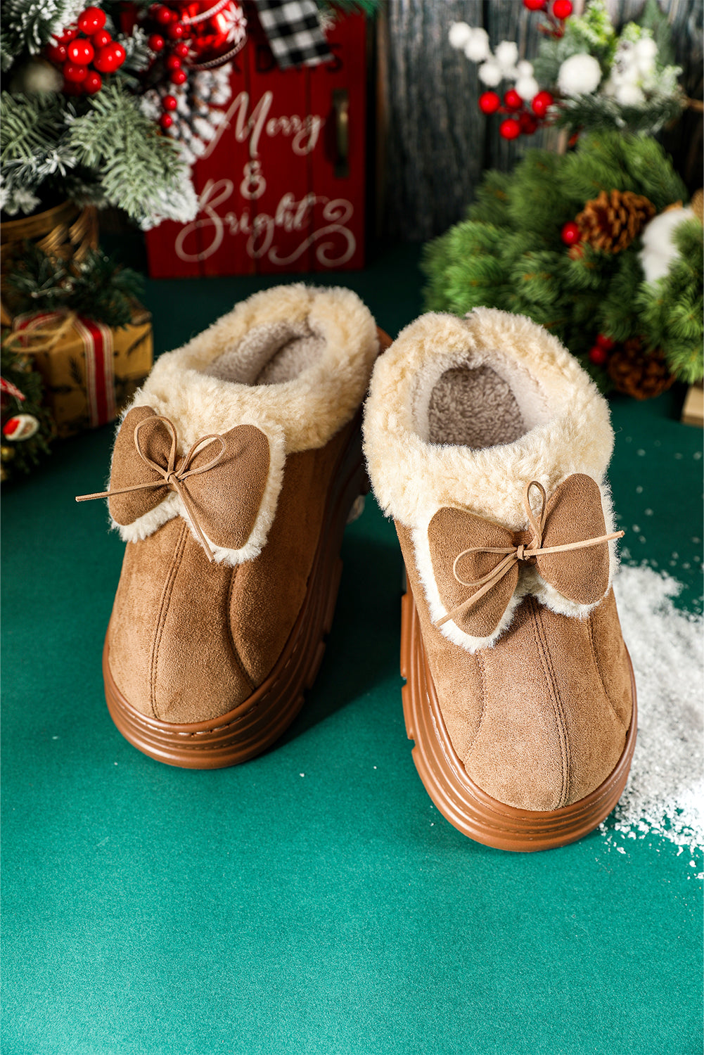 Straw Yellow Cozy Faux Fur Lined Bow Decor Clog Slippers