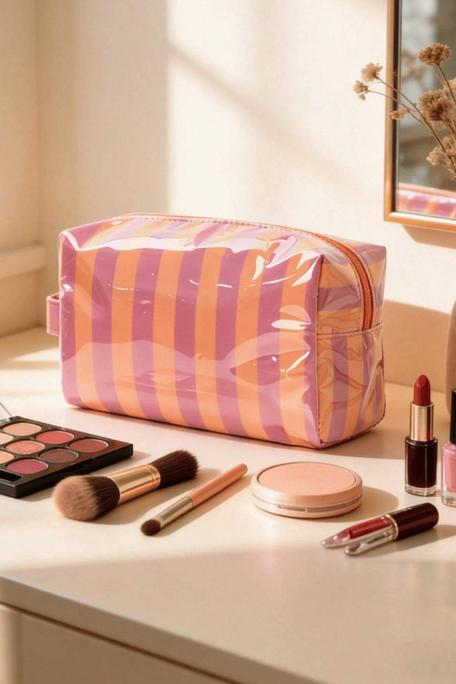 Fiery Red PVC Striped Cosmetic Bag Durable Zipper Handle Travel Organizer