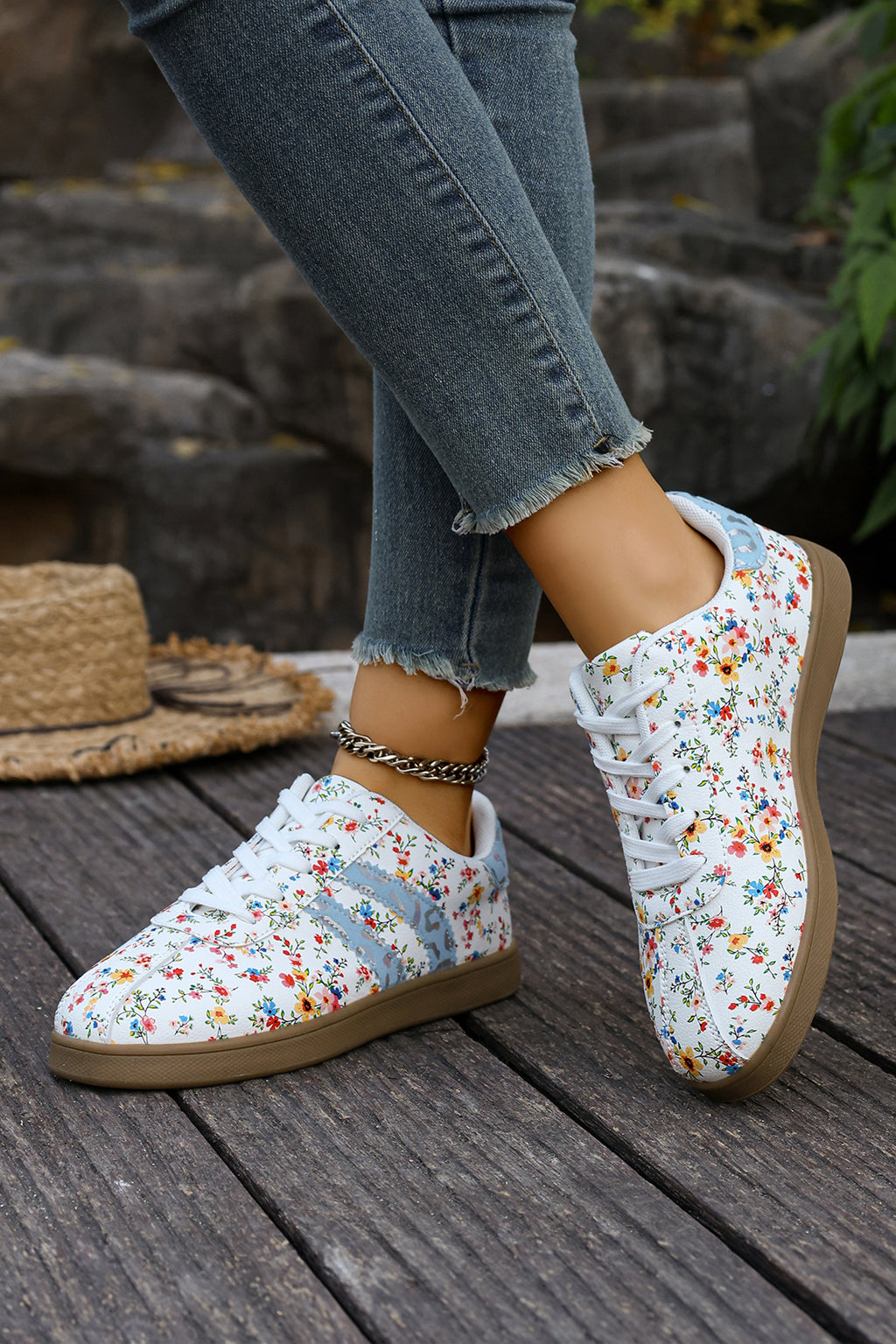 Dark Green Fresh Floral Print Color Block Detail Lace Up Shoes
