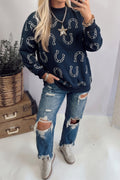 Blue Western Horseshoe Print Mock Neck Casual Pullover Sweatshirt