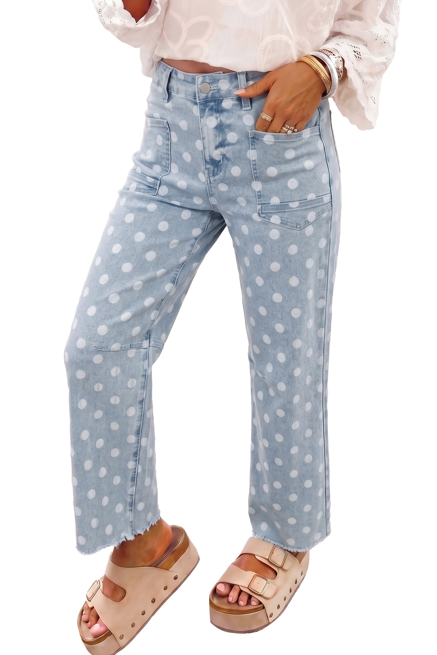 Pink Polka Dot Casual Slim Fit Jeans
