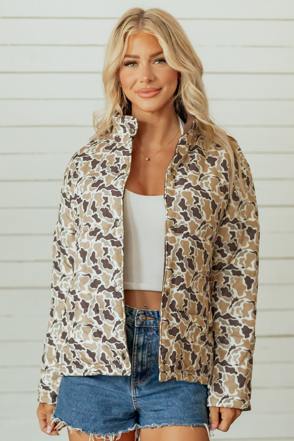 Multicolour Camouflage Quilted Metal Button Collar Long Sleeve Puffer Coat